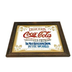 Vintage Coca-Cola Relieves Fatigue Framed Mirror Glass Bar Sign Wood Frame